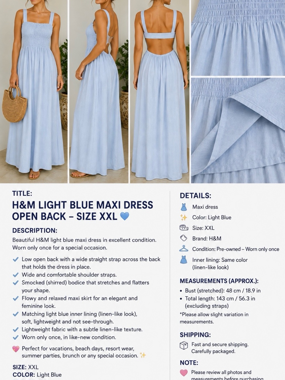 H&M Light Blue Maxi Dress Open Back – Size XXL
